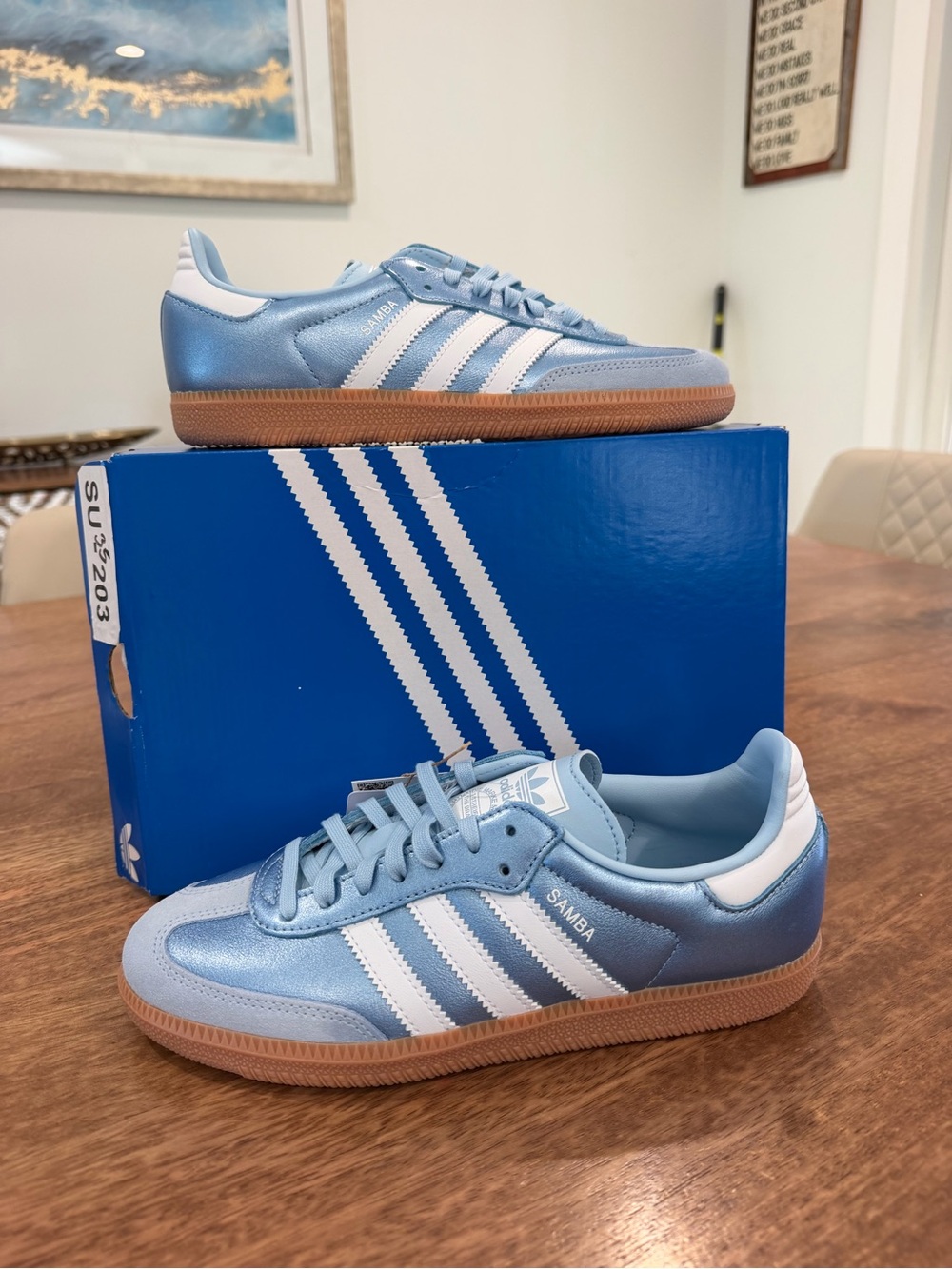 adidas women Samba Metallic Light Blue and White Sneakers with Gum Sole